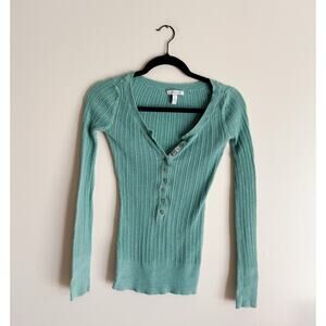 Aeropostale Green Y2K Bella Swan Long Sleeve Ribbed Henley Shirt Medium Grunge